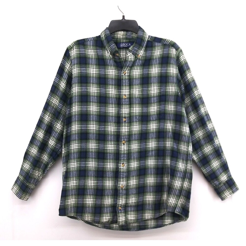 Boca Classics Shirt Men Size M Green Plaid Long Sleeve Flannel Button Up